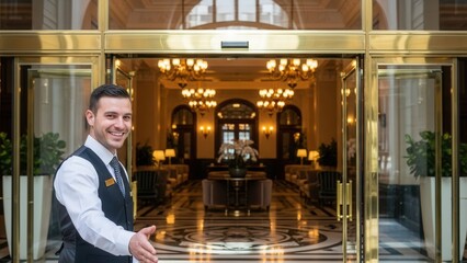 Friendly male concierge in vest and tie welcoming guests at the entrance of a grand luxury hotel lobby with gold doors. Exceptional customer service and hospitality staff in premium resort.