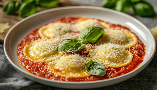 Plate of golden ravioli pasta topped with grated cheese and fresh basil leaves served in rich tomato sauce. Delicious Italian comfort
