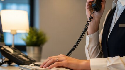 Close-up of professional female receptionist hand typing on keyboard while talking on phone in modern hotel office lobby. Multi-tasking business hospitality service and customer care concept.