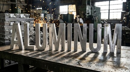 Aluminum letters in metal workshop with sparks.