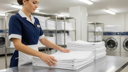 Professional housemaid in blue uniform folding clean white linens in industrial hotel laundry room with washing machines. High standard of textile care and back of house hospitality service.