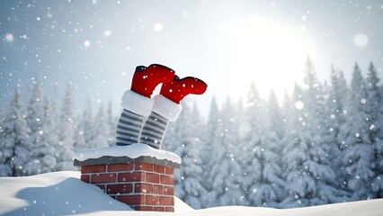 Christmas stockings hanging from a snowy chimney in a winter wonderland