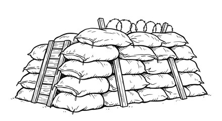 Military sandbags in line art style in black and white