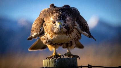 A hawk stands poised on a wooden post, ready to launch into the sky with mountains looming in the background during early morning light. Generative AI.