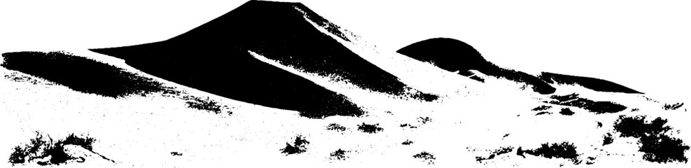 Black and white stencil illustration of curved dune shadows in desert landscape