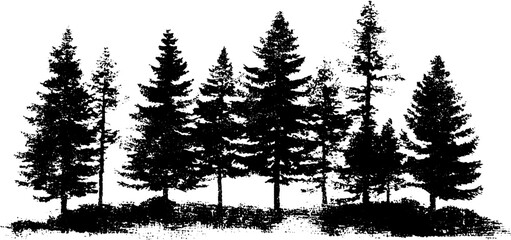 Black and white stencil art of coniferous forest in dense fog - nature illustration for posters or decor
