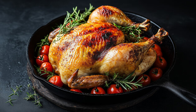 Roasted chicken with tomatoes and herbs sits in pan. Perfect bird for holiday feasts or special family meals. Chicken is cooked well