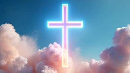 Glowing cross in blue sky with changing clouds. Spiritual light above heaven clouds. Religious symbol for resurrection, Christian faith.