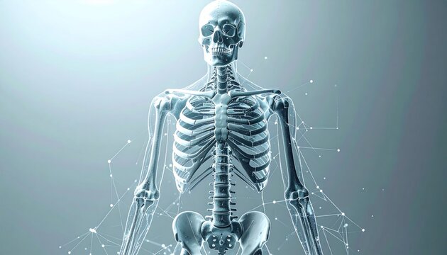 Anatomical Human Skeleton with Digital Network Overlay.