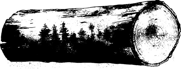 Black and white stencil illustration of fallen log with textured trees