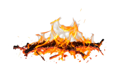 Burning wood fire with vibrant orange and yellow flames creating a dynamic and intense visual effect with glowing embers and sparks.