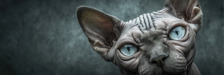 Hairless sphynx cat with intense blue eyes on dark background