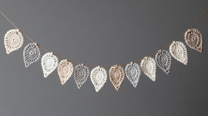 Minimalistic handmade crochet bunting with leaf-shaped motifs in beige, white and grey tones, hanging on a string against a plain grey background.