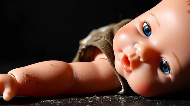 Abandoned plastic baby doll with blue eyes lying discarded on dark ground with dirt and dust in dramatic side lighting