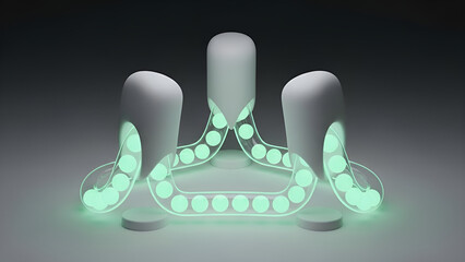 Symmetrical technological structure featuring glowing mint spheres and tubes.
