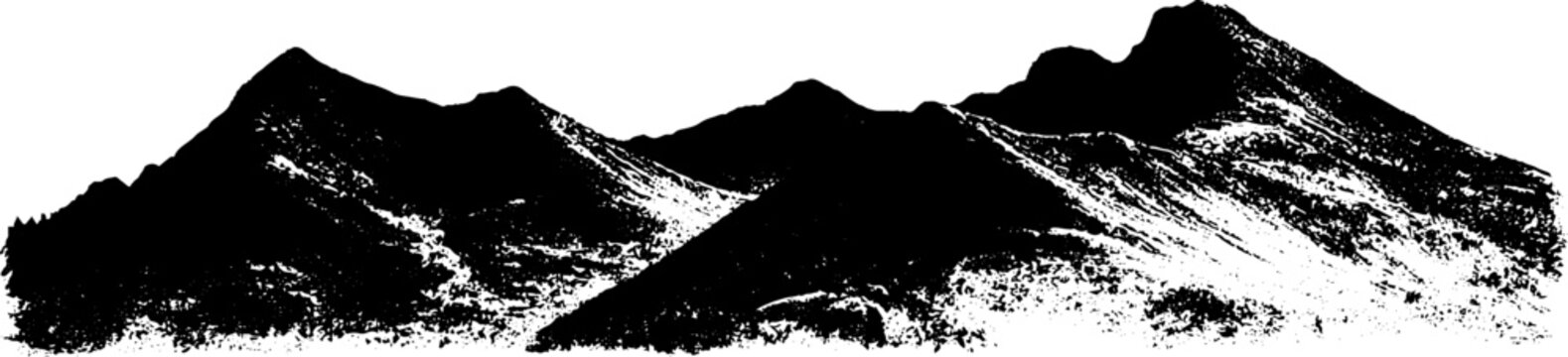 Scenic mountain range in black and white stencil illustration for nature design