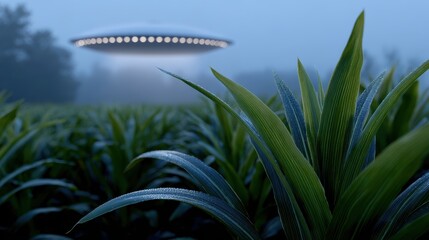 alien encounter, a dramatic sci-fi movie still captures the tense moment of first contact in a kansas cornfield at night silhouetted figures gaze at a towering alien spacecraft emitting eerie