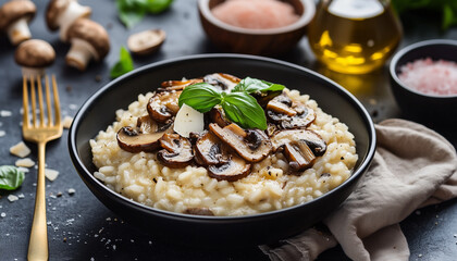 Traditional Italian mushroom risotto served in black bowl. Grated parmesan cheese, fresh green basil leaf garnish creamy rice dish