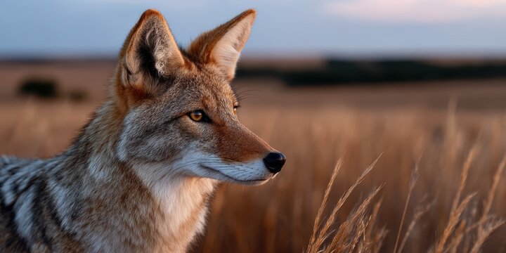 wildlife photography, a focused coyote prowls through knee-high grasses in the kansas prairie at dawn, its sharp eyes fixed on the distance