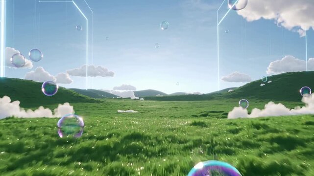 Frutiger aero Y2K futuristic revival of a green grass and bubbles utopian landscape