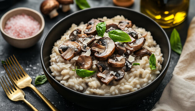 Traditional Italian mushroom risotto served in black bowl. Grated parmesan cheese, fresh green basil leaf garnish creamy rice dish