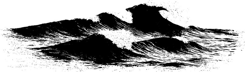 Black and white stencil illustration of layered ocean waves for design and print