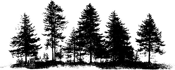 Black and white stencil of layered pine forest silhouette for nature designs