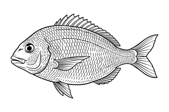 Sea bream fish in line art style in black and white