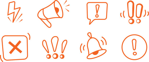 Doodle attention sign icon set. Hand drawn caution signs, warning marks and alert sketch symbols designed to exclamation sign, error or important attention icon doodle. Vector illustration © farhanatisha