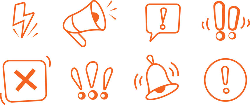 Doodle attention sign icon set. Hand drawn caution signs, warning marks and alert sketch symbols designed to exclamation sign, error or important attention icon doodle. Vector illustration