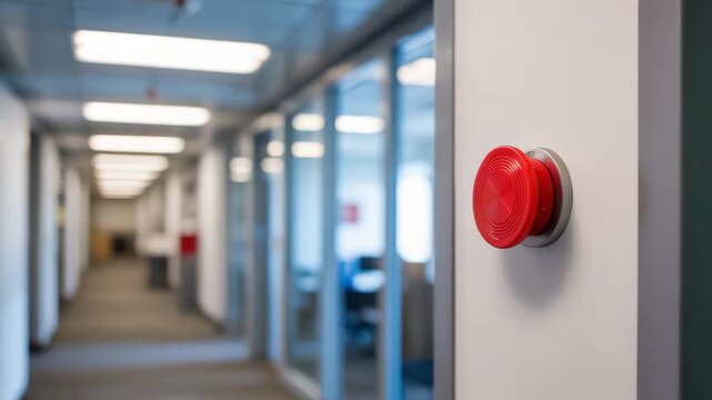 Close-up of red emergency button in modern office hallway video