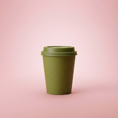 Minimalist Studio Shot of a Single Green Disposable Coffee Cup with Lid Against a Vibrant Pink Background