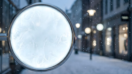 Illuminated Blank Round Sign with Frost on a Snowy City Street at Night during Winter