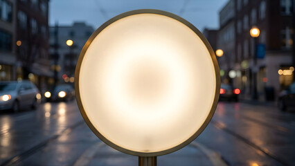Glowing Circular Street Light Illuminating a Wet City Street at Dusk with Blurred Urban Background
