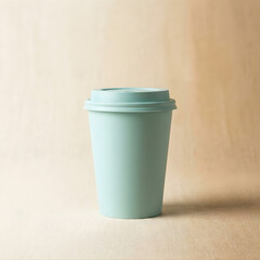 Minimalist Studio Still Life of a Light Blue Disposable Cup with Lid on a Neutral Textured Surface