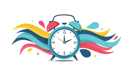 Classic twin bell alarm clock set against a background of colorful, flowing abstract waves, symbolizing the passage of time.