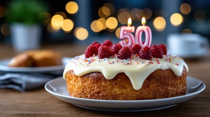 Festive 50th birthday cake with pink candles, white frosting, fresh raspberries, and colorful sprinkles, set on a wooden table with glowing bokeh lights.