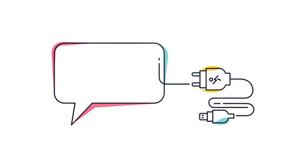 Fototapeta premium Conceptual line art showing a blank speech bubble connected to a power outlet via a USB charger, symbolizing charging a conversation or idea.
