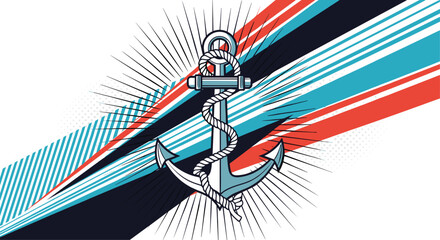 Vintage nautical illustration of a ship's anchor with rope set against a dynamic background with diagonal stripes and radial lines.