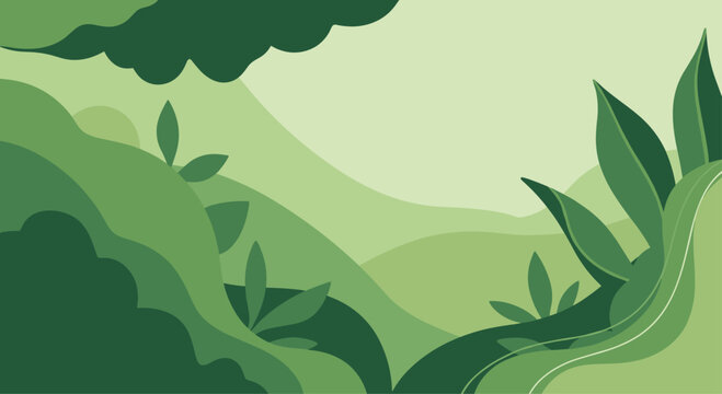 Abstract background of a lush green forest landscape with layered hills and tropical leaves, creating a sense of depth and nature.