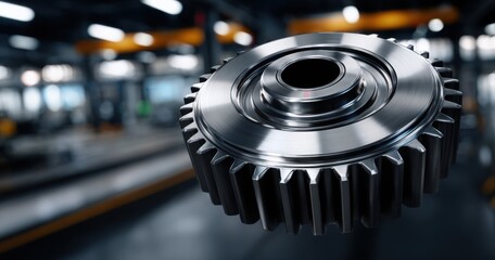 Close-up of a shiny metallic gear in a modern industrial setting, symbolizing precision and innovation. Ideal for engineering and technology themes.