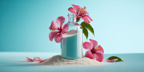 Serene tropical scene with glass bottle and pink hibiscus flowers on sandy beach
