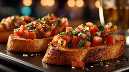 Close-up of bruschetta with diced tomatoes and basil on toasted sourdough, ideal for Mediterranean cuisine promotions.