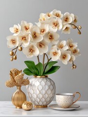 Modern white orchid vase decor composition high resolution picture