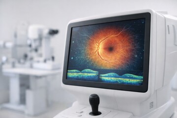 Ophthalmology diagnostic device showing retinal scan on monitor in modern clinic. Concept of glaucoma screening, eye exam, vision care and early detection.