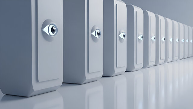 Continuous surveillance concept with glowing eye icons on computer servers. - Powered by Adobe