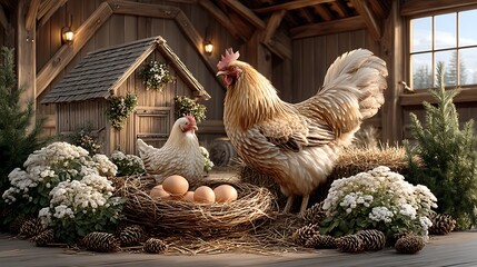 Rustic farmhouse chickens nesting eggs cozy barn high resolution picture