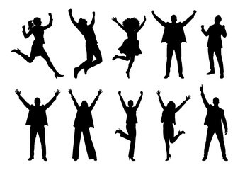 Set of silhouettes showing people jumping for joy or celebrating