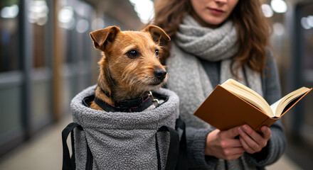 Stylish woman with dog in gray carrier backpack reading book in city or subway station