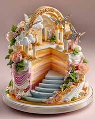 Whimsical luxury cake sculpture fantasy architecture high resolution picture